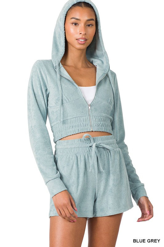 LOOP TERRY ZIP UP CROPPED HOODIE & SHORTS SET