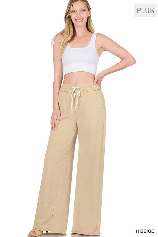 PLUS F/TERRY DRAWSTRING WAIST RAW EDGE HEM PANTS