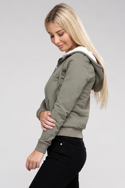 Fuzzy Trim Zip-Up Crop Hoodie