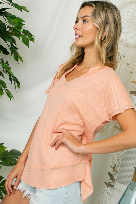 PLUS SOLID WAFFLE V NECK TOP