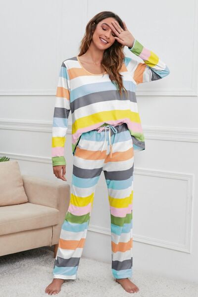 “Sweet Serenity” Striped Round Neck Long Sleeve Top and Drawstring Pants Lounge Set
