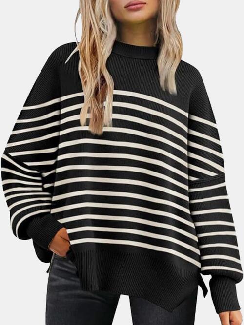 Round Neck Drop Shoulder Slit Sweatshirt