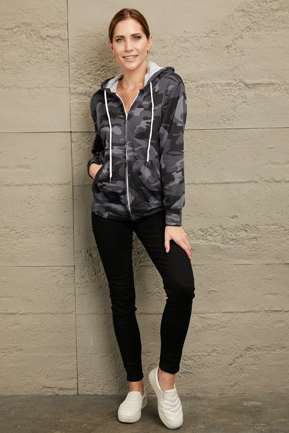 Double Take Camouflage Drawstring Detail Zip Up Hooded Jacket