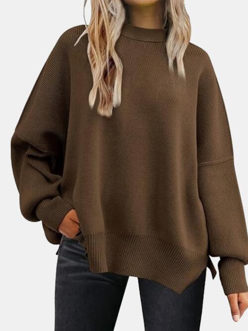 Round Neck Drop Shoulder Slit Sweatshirt