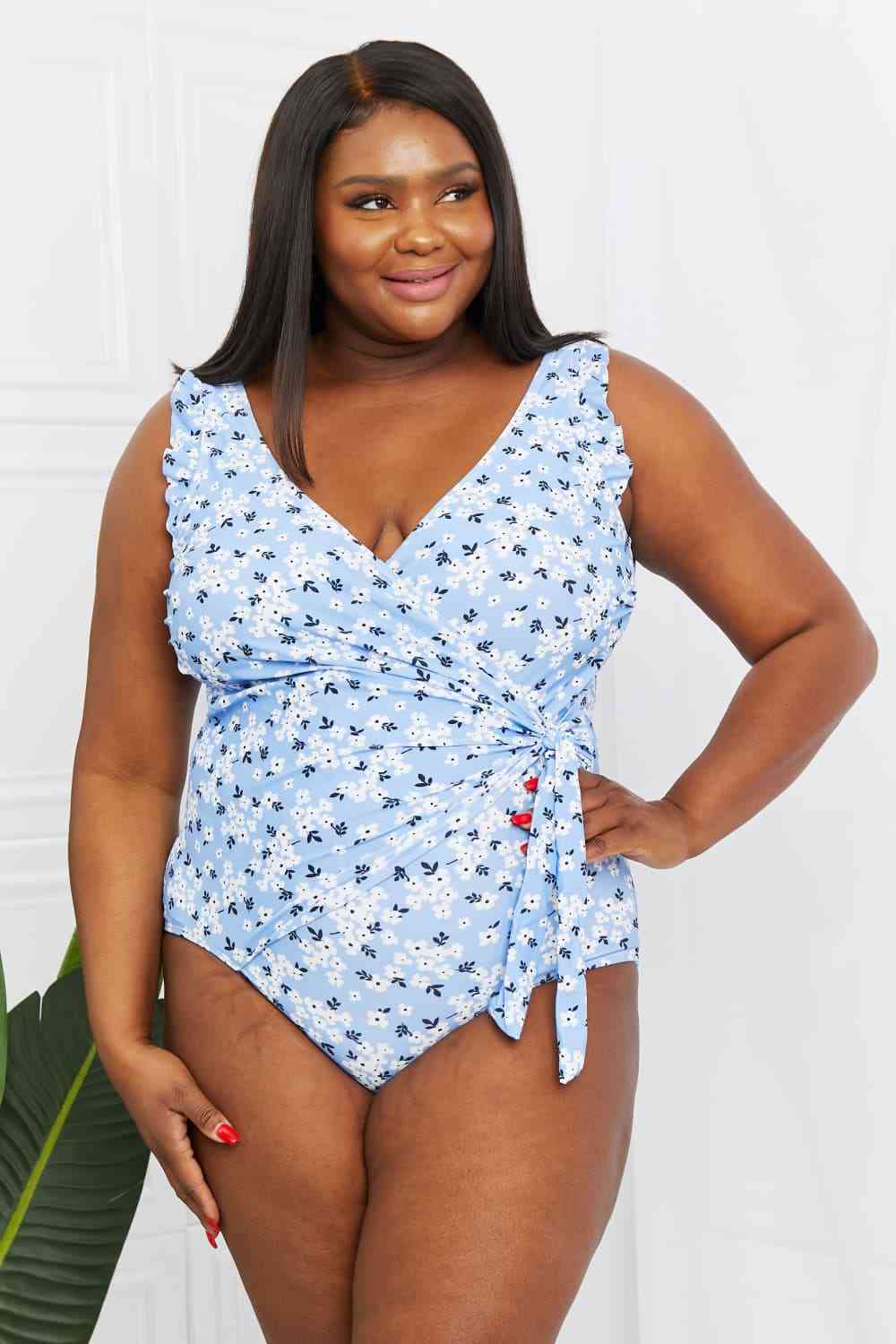 Marina West  Float On Ruffle Faux Wrap One-Piece in Blossom Blue