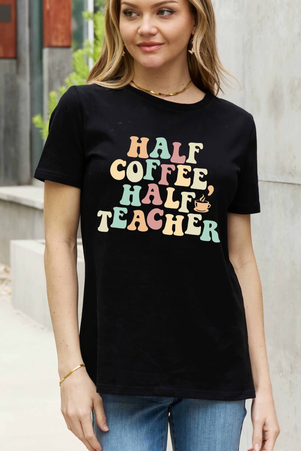 HALF COFFEE HALF TEACHER Graphic Cotton Tee