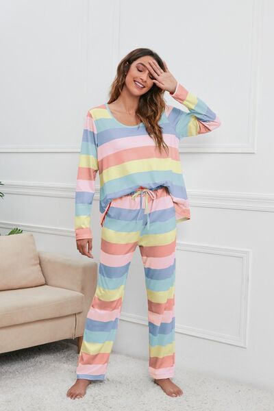 “Sweet Serenity” Striped Round Neck Long Sleeve Top and Drawstring Pants Lounge Set