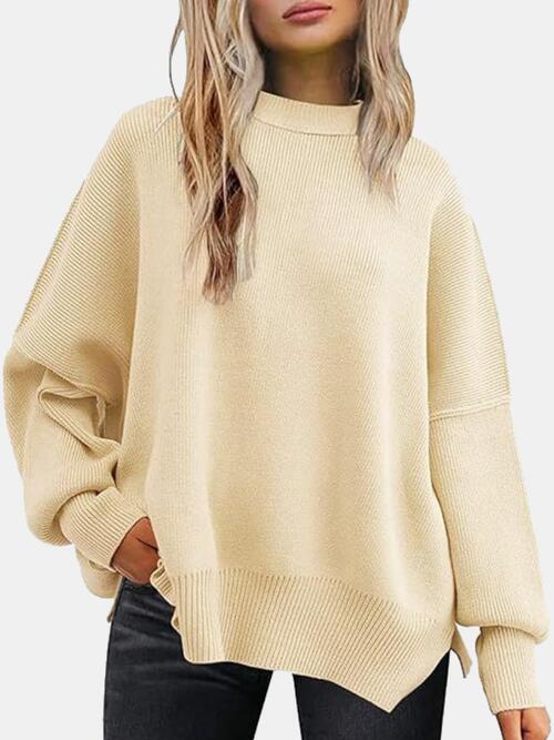 Round Neck Drop Shoulder Slit Sweatshirt