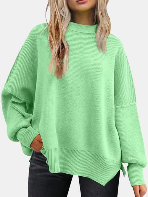 Round Neck Drop Shoulder Slit Sweatshirt