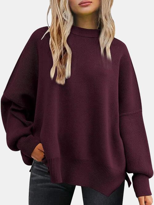 Round Neck Drop Shoulder Slit Sweatshirt