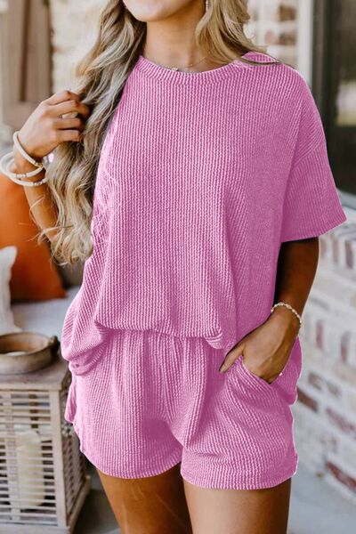 “ Pretty in Pink” Round Neck Top and Pocketed Shorts Set