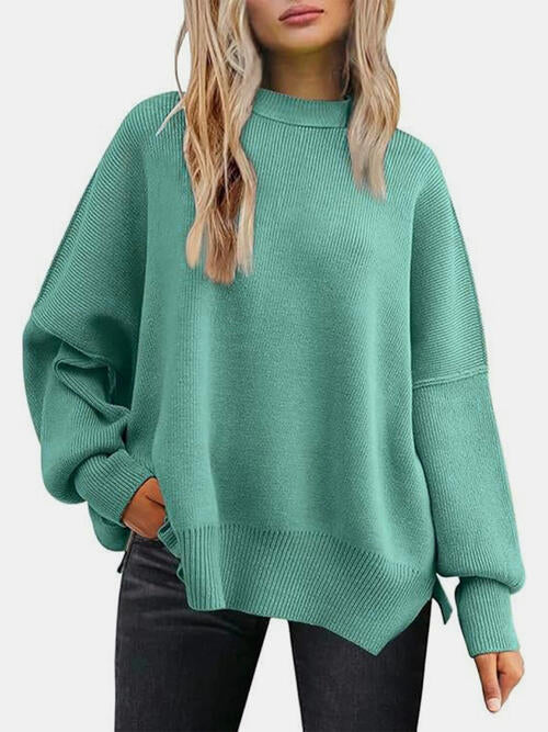 Round Neck Drop Shoulder Slit Sweatshirt