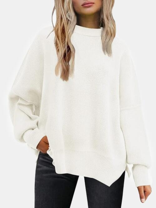 Round Neck Drop Shoulder Slit Sweatshirt