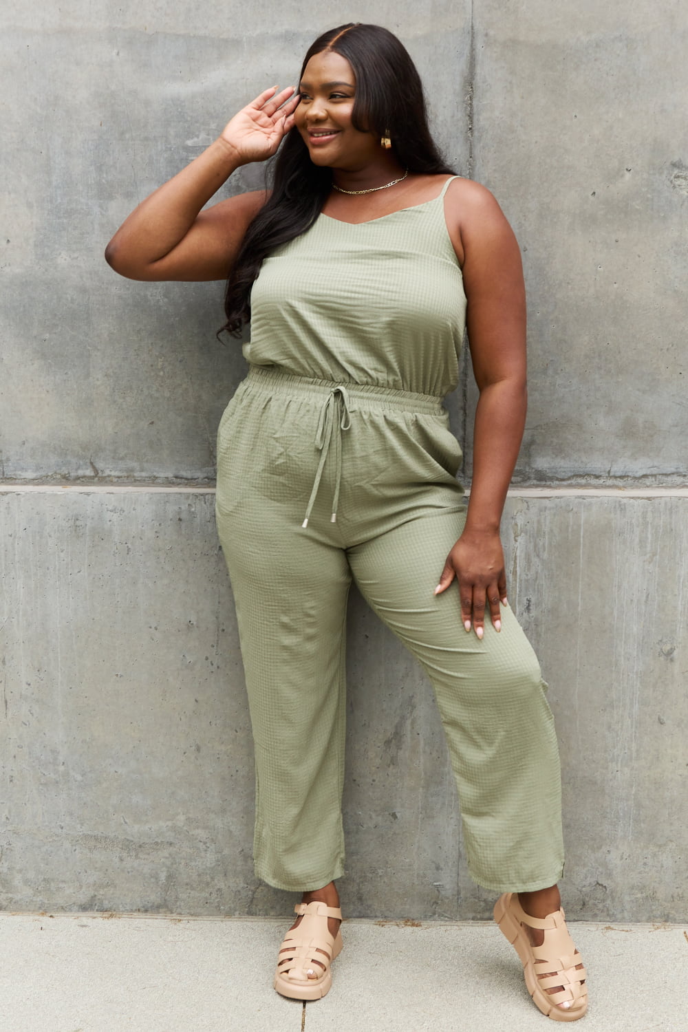 Textured Woven Jumpsuit in Sage