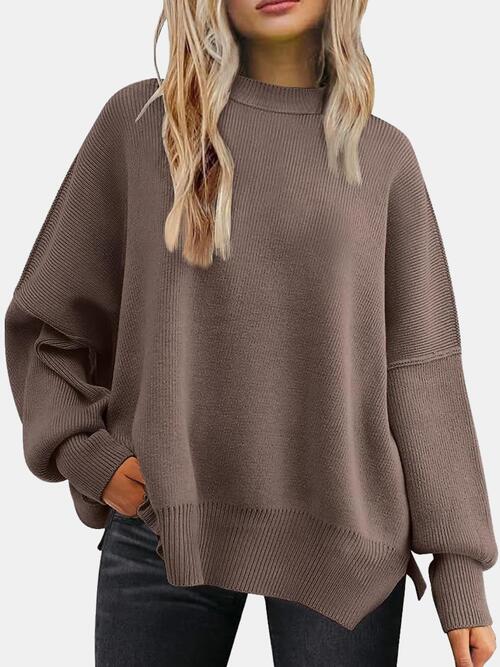 Round Neck Drop Shoulder Slit Sweatshirt