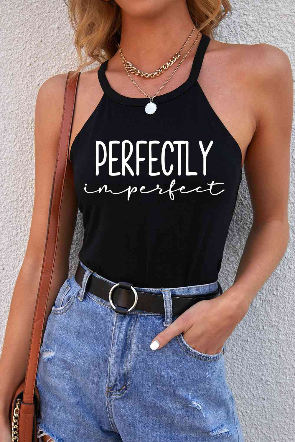 “Perfectly Imperfect” Letter Graphic Grecian Neck Tank