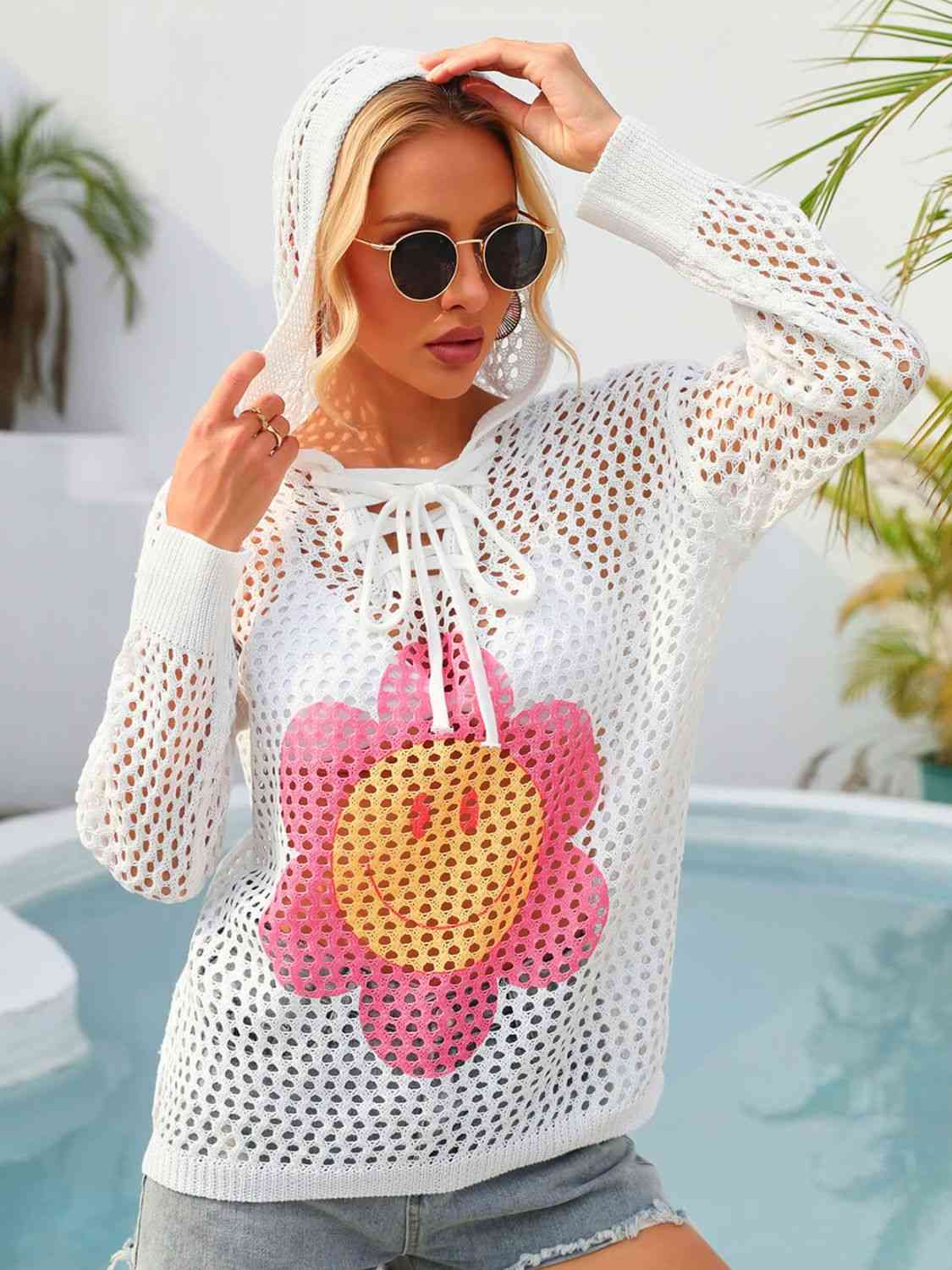 “Flower Power” Graphic Lace-Up Openwork Hooded Cover Up